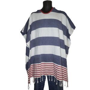 Turkish T‎ Striped Hooded Pancho One Size Women Red White Blue Tassle Striped